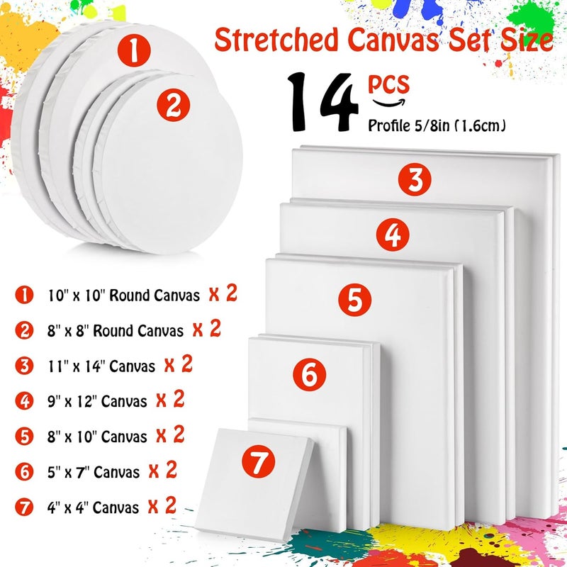Hdviai قماش مشدود - 4x4، 5x7، 8x10، 9x12، 11x14 وقماش دائري 8x8، 10x10 (2 من كل حجم) إجمالي 14 قماش - 100% قماش قطن فارغ للزيوت والأكريليك والصب. - Image 2